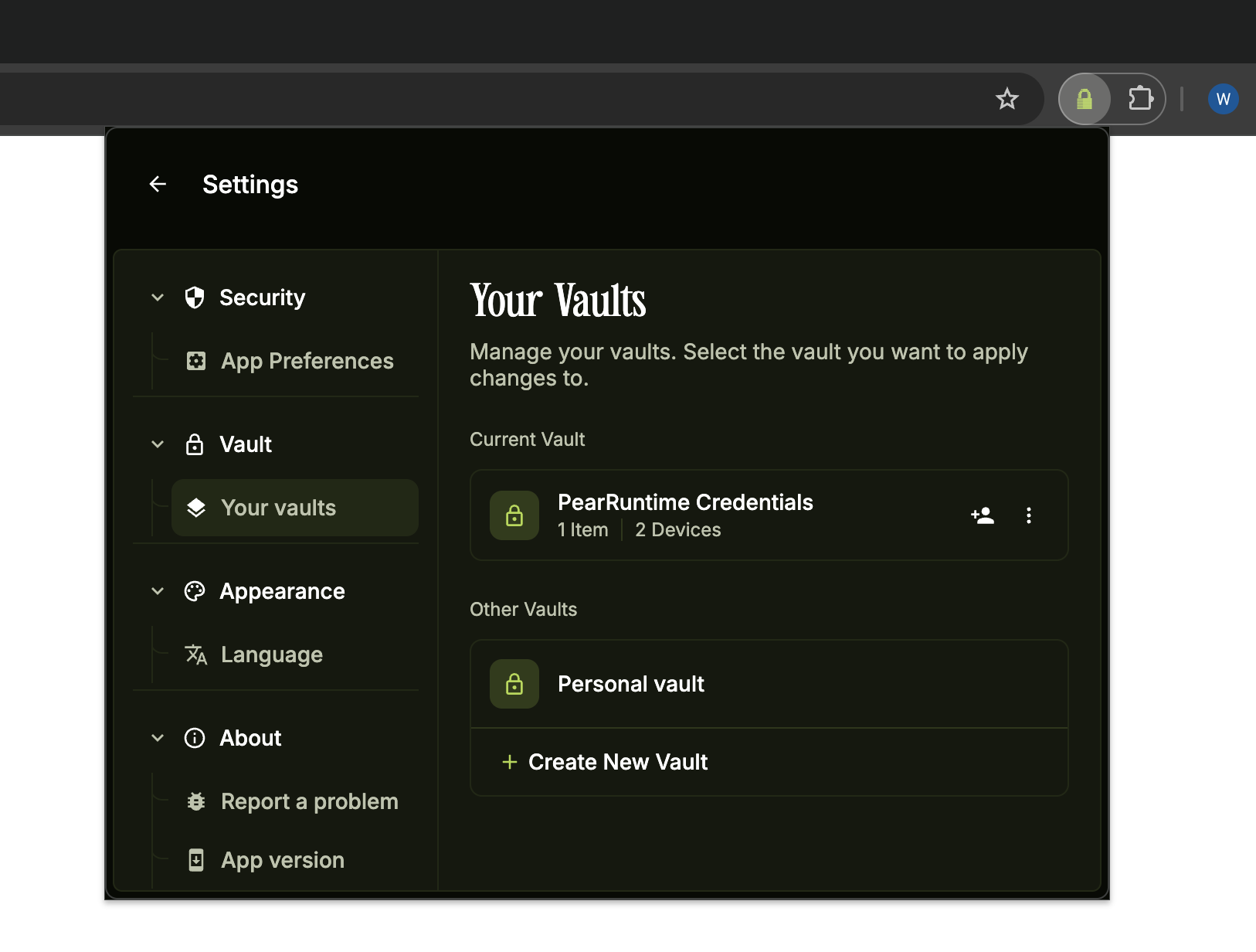 Your Vaults screen showing current vault with the three dots menu icon