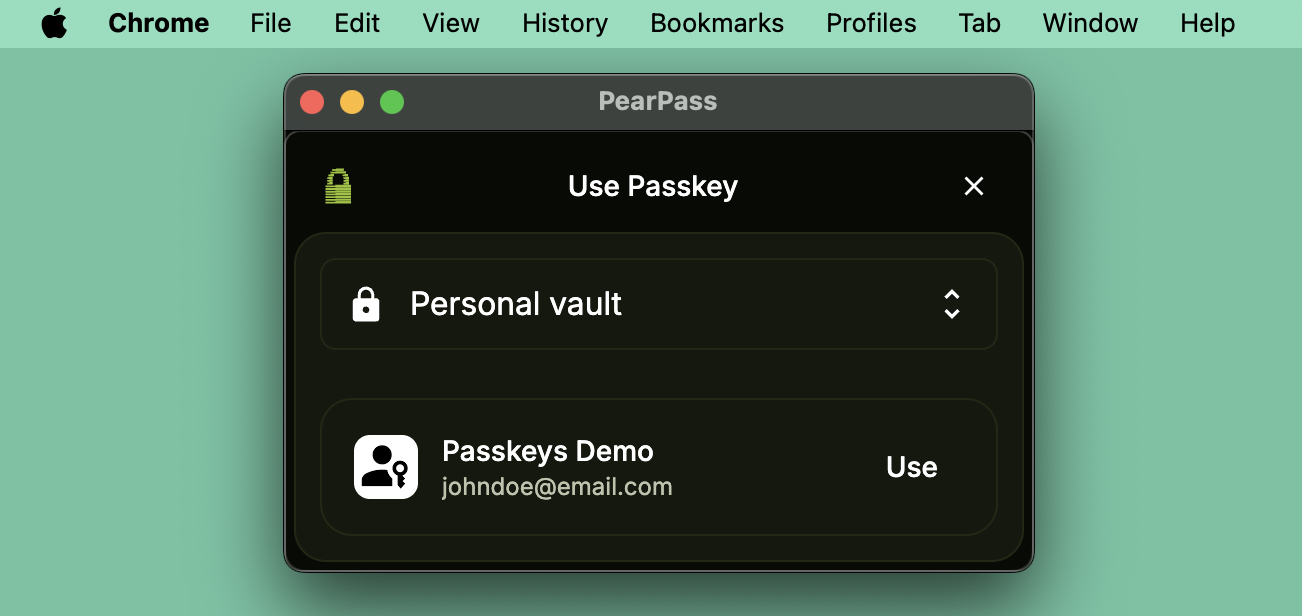 Use Passkey dialog showing vault dropdown and passkey entry with Use button